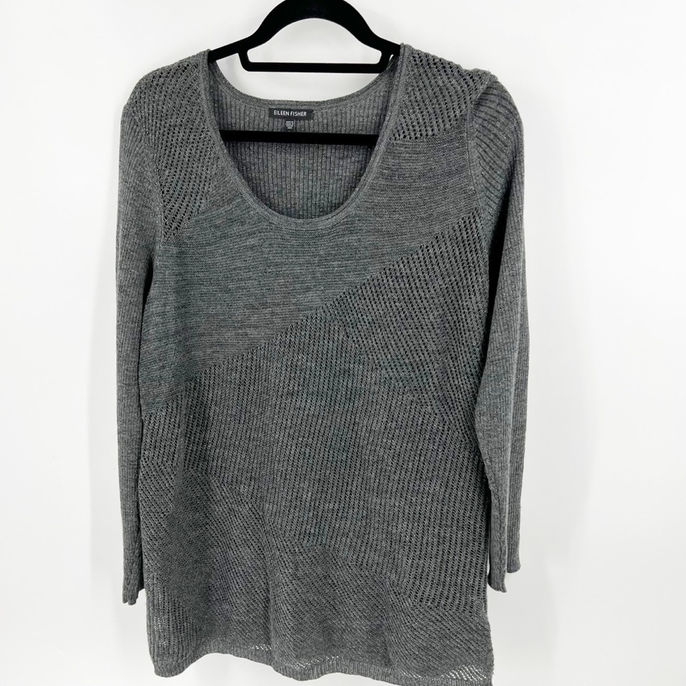 ✅ EILEEN FISHER SCOOP‎ NECK MERINO BLEND GREY SWEATER SIZE LARGE